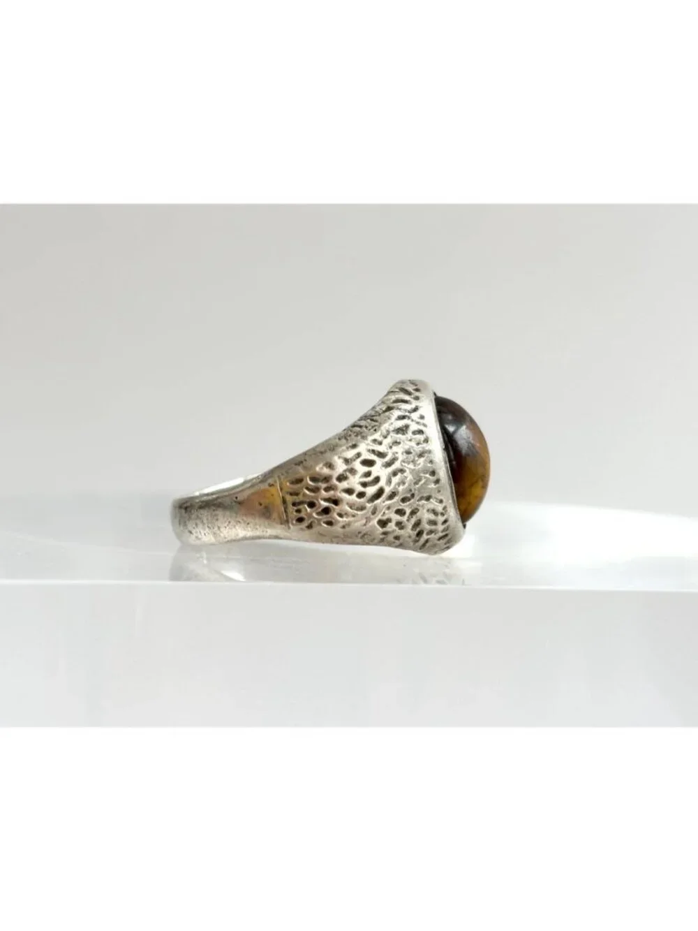 Genuine Tiger's Eye Hammered Sterling Silver 925 Vintage Ring - sz 11.75